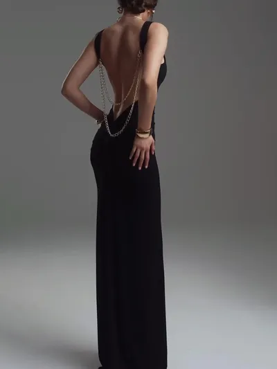 Black Sleeveless Backless Maxi Dress With Chain Detail