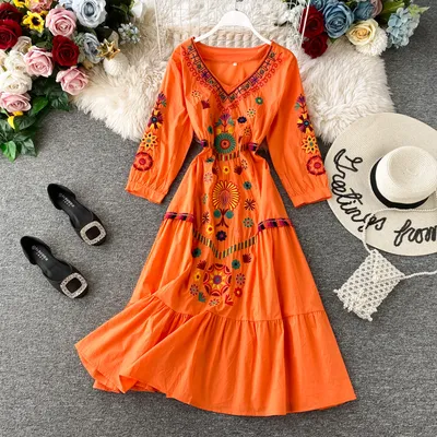 Women's Boho Embroidered V-Neck Loose Ruffle Long Skirt