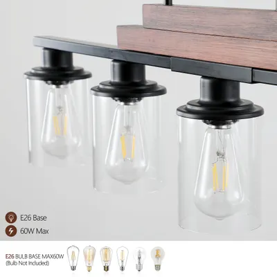 37  Farmhouse Industrial 5-Light Kitchen Island Pendant Light, Metal Wood Chandelier With Clear Glass Shades, Adjustable Height Hanging Fixture For Dining Room, Living Room, Kitchen  No Bulbs