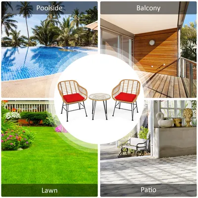 3 Pieces Rattan Furniture Set With Cushioned Chair Table