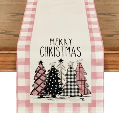 Christmas Trees Merry Xmas Table Runner, Seasonal Winter Holiday Kitchen Dining Table Decoration