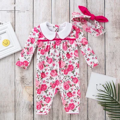 Baby clothes new style rose flower long-sleeved jumpsuit