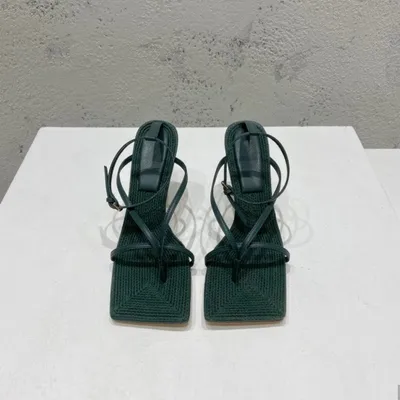 Square-toe High-heel Sandals In Woven Mesh And Leather