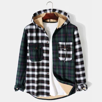 Men's Hooded Jacket Fashion Casual Long Sleeve Plaid Jacket