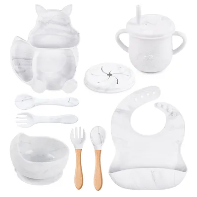 8 PCs Babies' Tableware Set Squirrel Dinner Plate Cup With Straw Silicone Bowl Bib Compartment Tray Spoon Fork Baby Bowl Wholesale