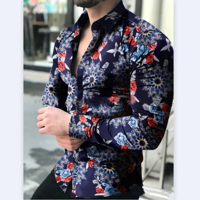 Spring And Autumn Men's Casual Long-sleeved Floral Shirt