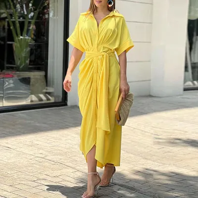 Women's Lapel Mid Length Short Sleeve Single Breasted Dress
