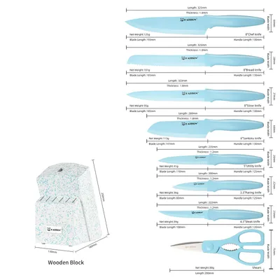 Kitchen Knife Set With Block, 14 Piece BLUE Non-Stick Paint Coating Stainless Steel Knives Set, Anti-Rust And Dishwasher Safe, 12 Knives With Kitchen Shears And Block