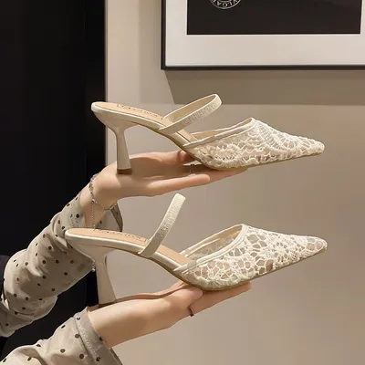 New French Baotou Half Dragging Style Pointed Lace Mesh Fine Heel Slippers For Women