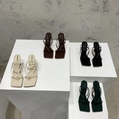 Square-toe High-heel Sandals In Woven Mesh And Leather
