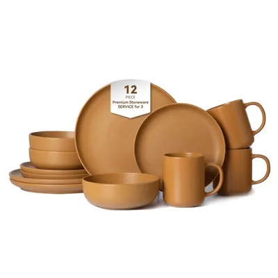 12-Piece Stoneware Dinnerware Sets With Mugs  Microwave & Dishwasher Safe Non-Toxic Dinner Plates Bowls Set  Stackable Matte Glaze Kitchenware For 3