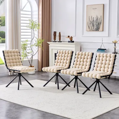 Set Of 2 Beige Puffy Bubble Chair Ball Chain Chair Velvet Dining Chairs With Black Legs, Modern Tufted Accent Chairs For Dining Room & Kitchen