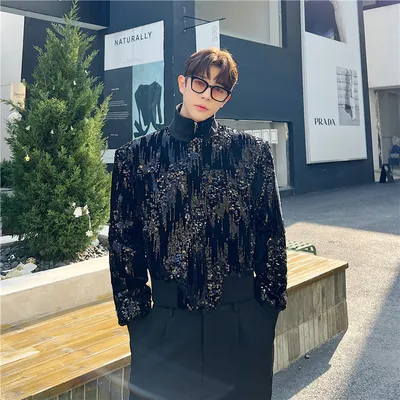 Fried Street Glitter Sequin Jacquard Small Stand-up Collar Jacket For Men