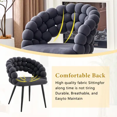 Set Of 2 Gray Puffy Bubble Chair Ball Chain Chair Velvet Dining Chairs With Black Legs, Modern Accent Chairs For Dining Room & Kitchen