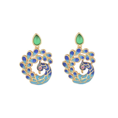 Vintage Jewelry Painted Enamel Peacock Natural Stud Earrings