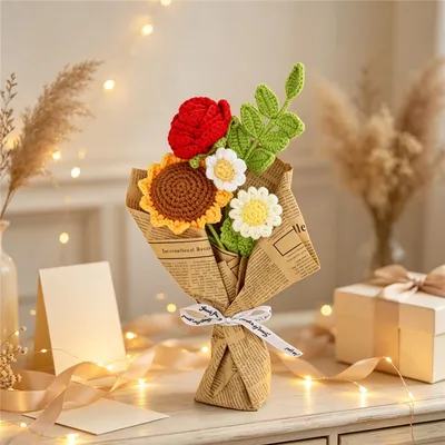 Knitted Sunflower Rose Flower Bouquet , Handmade Forever Floral Gift For Women Home Decor