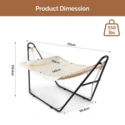 Hammock With Stand, Double-Barrel Hammock With Hammock Bed, Heavy Duty Adjustable Hammock Set For Outdoors, Patio, Yard, Garden, Beige