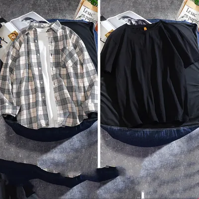 Spring And Autumn Ins Plaid Shirt Men's Long Sleeve