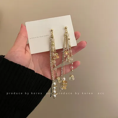 Silver Needle Diamond Crystal Zircon And Tassel Earrings