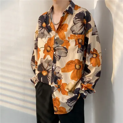 Men's Loose Trend Retro Long-sleeved Floral Shirt