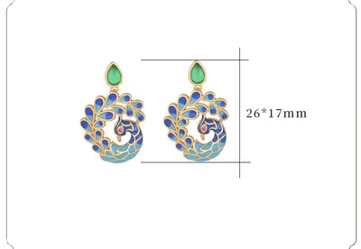 Vintage Jewelry Painted Enamel Peacock Natural Stud Earrings
