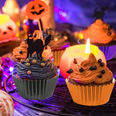 300 Pcs Halloween Foil Cupcake Liners Black Purple Orange Foil Metallic Cupcake Wrappers Muffin Liners For Halloween Party Supplies Table Decor