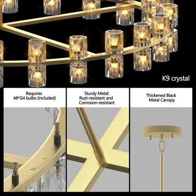 48 Inch Gold Wagon Wheel Chandelier With Crystal Shade, 48 Lights, Modern Farmhouse Style, Ideal For Dining Room, Kitchen, Entryways