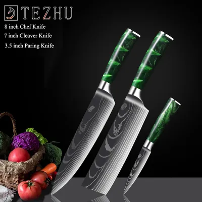 Green Resin Handle Damascus Laser Grain Knife