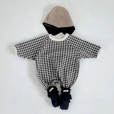 Baby Plaid Contrast Color Romper Long-sleeved Thickened Jumpsuit