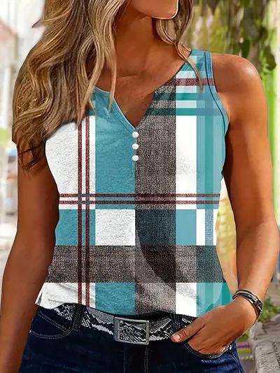 Women's V-Neck Plaid Print Sleeveless Tank Top With Button Detail Casual Summer Vest Top