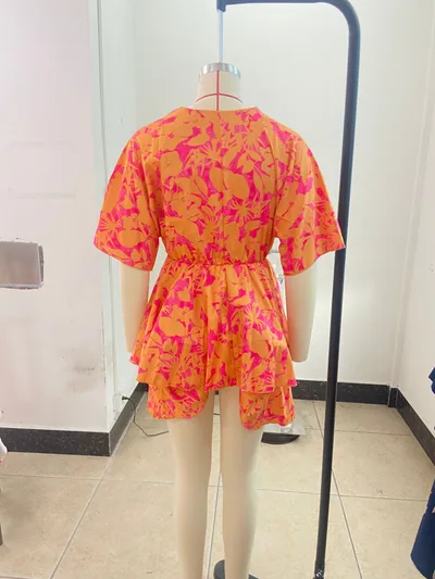 V-neck Loose Batwing Sleeve Printed Dress