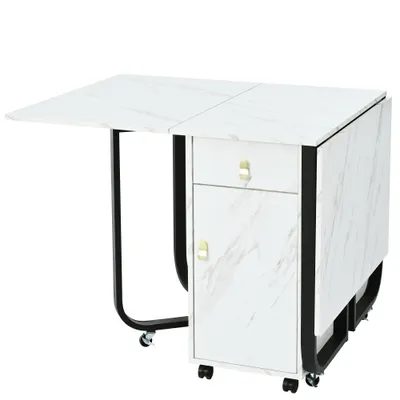 Folding Dining Table 1 Piece With Cupboard And 2 Drawers, Folding Kitchen Utility Table, Space-saving Dining Table With 4 Supporting Legs On Gliders White  Black