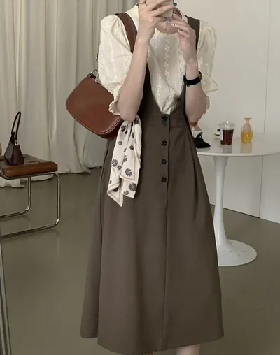 Women's New French Vintage Design Strap Dress Two Piece Suit