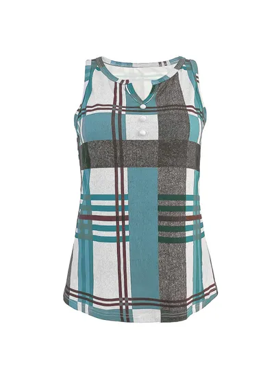 Women's V-Neck Plaid Print Sleeveless Tank Top With Button Detail Casual Summer Vest Top