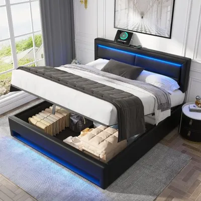 Upholstered Bed 150 X 200 Cm, King Size Bed-5ft,with USB Port Supports Wireless And Wired Charging, With LED Lighting And Storage Space, Without Mattress, PU Lychee Pattern, Black