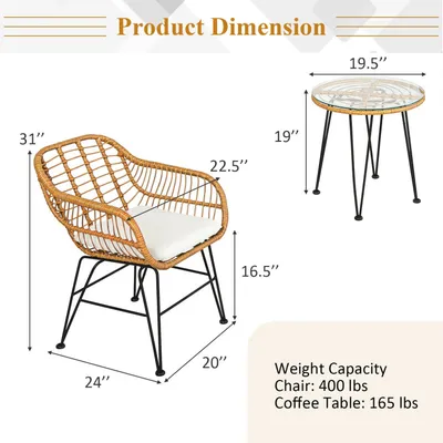 3 Pieces Rattan Furniture Set With Cushioned Chair Table