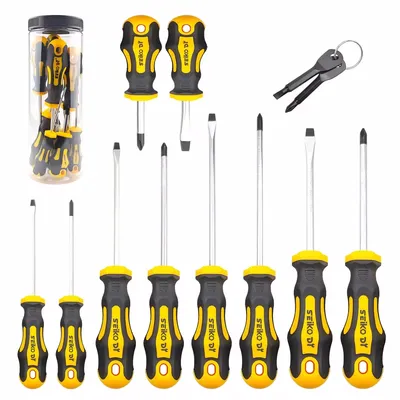 طقم مفكات، 10 قطع مع مفكات بمقابض ورأسين محمولين، يشمل رأسًا مسطحًا 5 مم و6 مم، ورأس فيليبس PH0 وPH1 وPH2، مناسب لأعمال الصيانة المنزلية